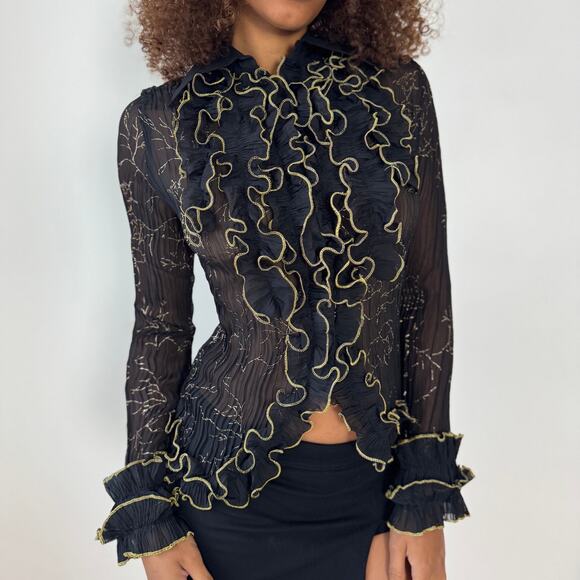 Vintage Sheer Ruffle Front Blouse with Gold Metallic Thread (S/M) - Picture 1 of 12